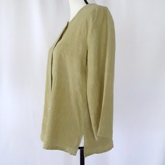Vintage 1990s Avocado Green Linen 3/4 Sleeve Blouse - Picture 6 of 12